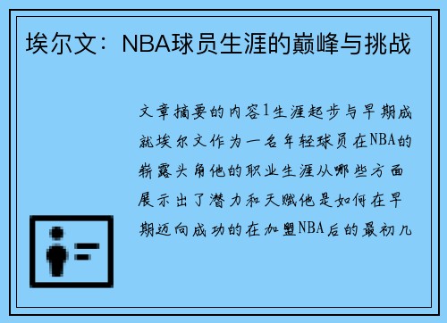 埃尔文：NBA球员生涯的巅峰与挑战
